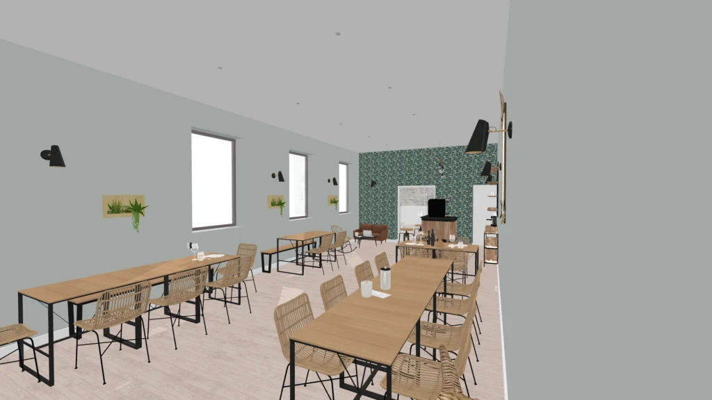 Rendu 3D de la salle du café associatif, tables communes et mur vert, projet Meinado par Maison Solthée, architecte d'intérieur à Marseille