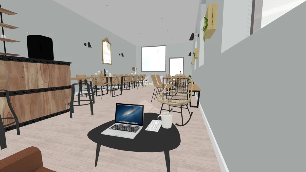 Rendu 3D du coin salon, table basse noire, comptoir en bois et tables, projet Meinado par Maison Solthée, architecte d'intérieur à Marseille