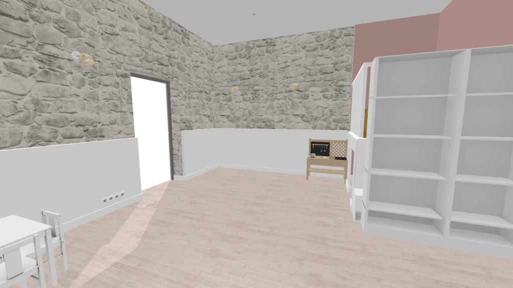 Rendu 3D de l'espace avec étagère blanche, sol clair et murs en pierre, projet Meinado par Maison Solthée, architecte d'intérieur à Marseille