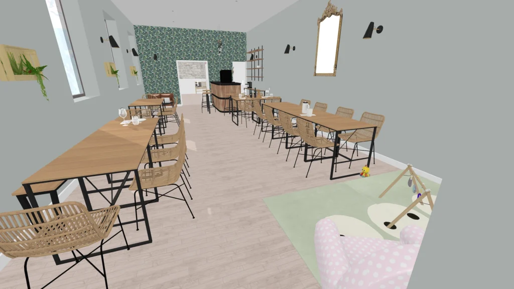 Rendu 3D de la salle avec longues tables en bois et chaises, projet Meinado par Maison Solthée, architecte d'intérieur à Marseille
