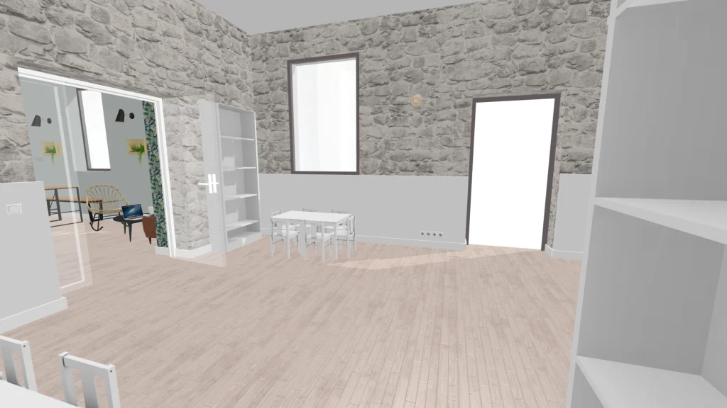 Rendu 3D de l'espace vu vers l'entrée, étagères blanches et fenêtres, projet Meinado par Maison Solthée, architecte d'intérieur à Marseille
