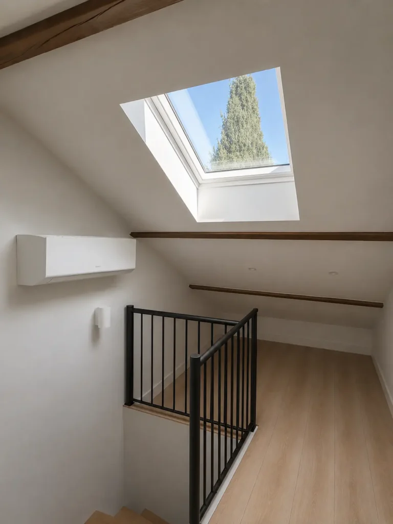 Palier sous combles avec fenêtre de toit, garde-corps métallique noir et parquet clair, projet Augustine par Maison Solthée, architecte d'intérieur à Cassis