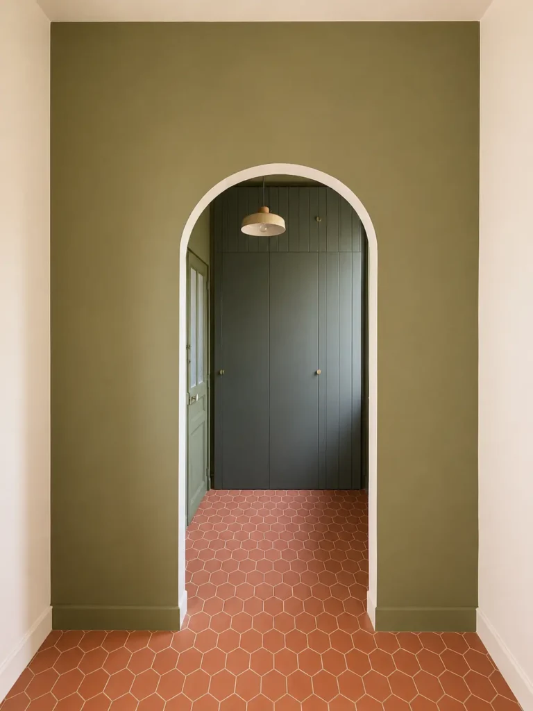 Couloir vert sauge avec arche et placard vert foncé, sol en carreaux hexagonaux terracotta, projet Augustine par Maison Solthée, architecte d'intérieur à Cassis