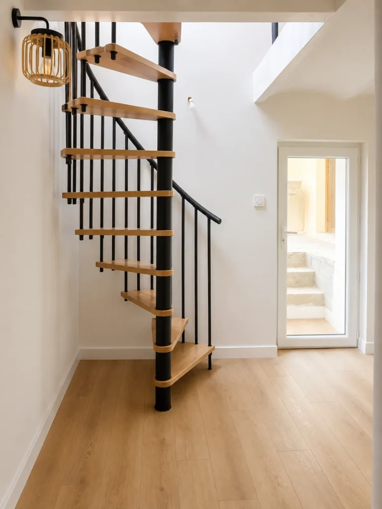 Escalier hélicoïdal noir à marches en bois clair, applique en rotin et parquet clair, projet Augustine par Maison Solthée, architecte d'intérieur à Cassis