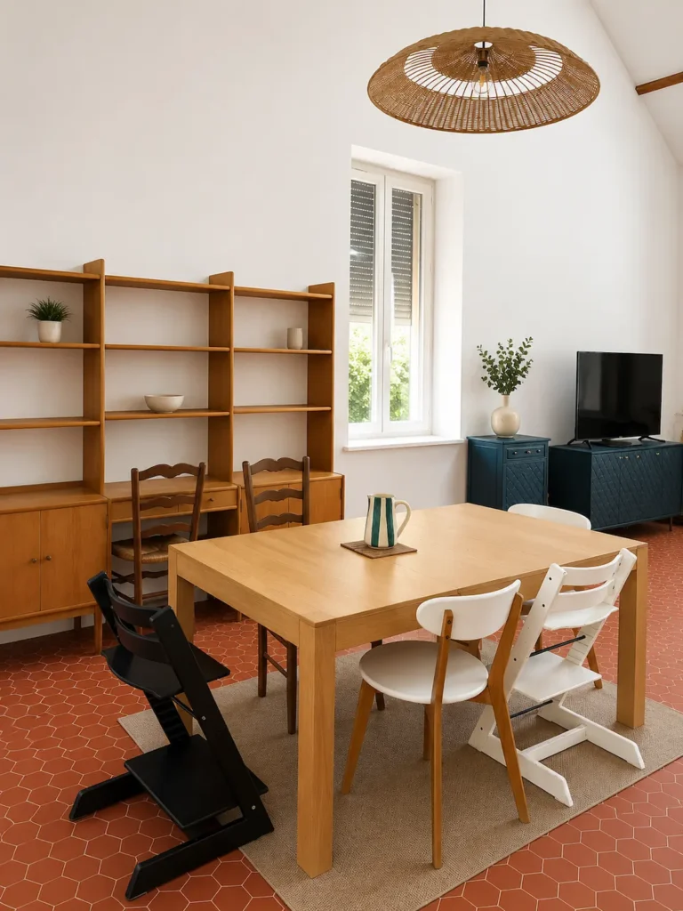 Salle à manger avec bibliothèque en bois, table en bois clair et suspension en rotin, projet Augustine par Maison Solthée, architecte d'intérieur à Cassis